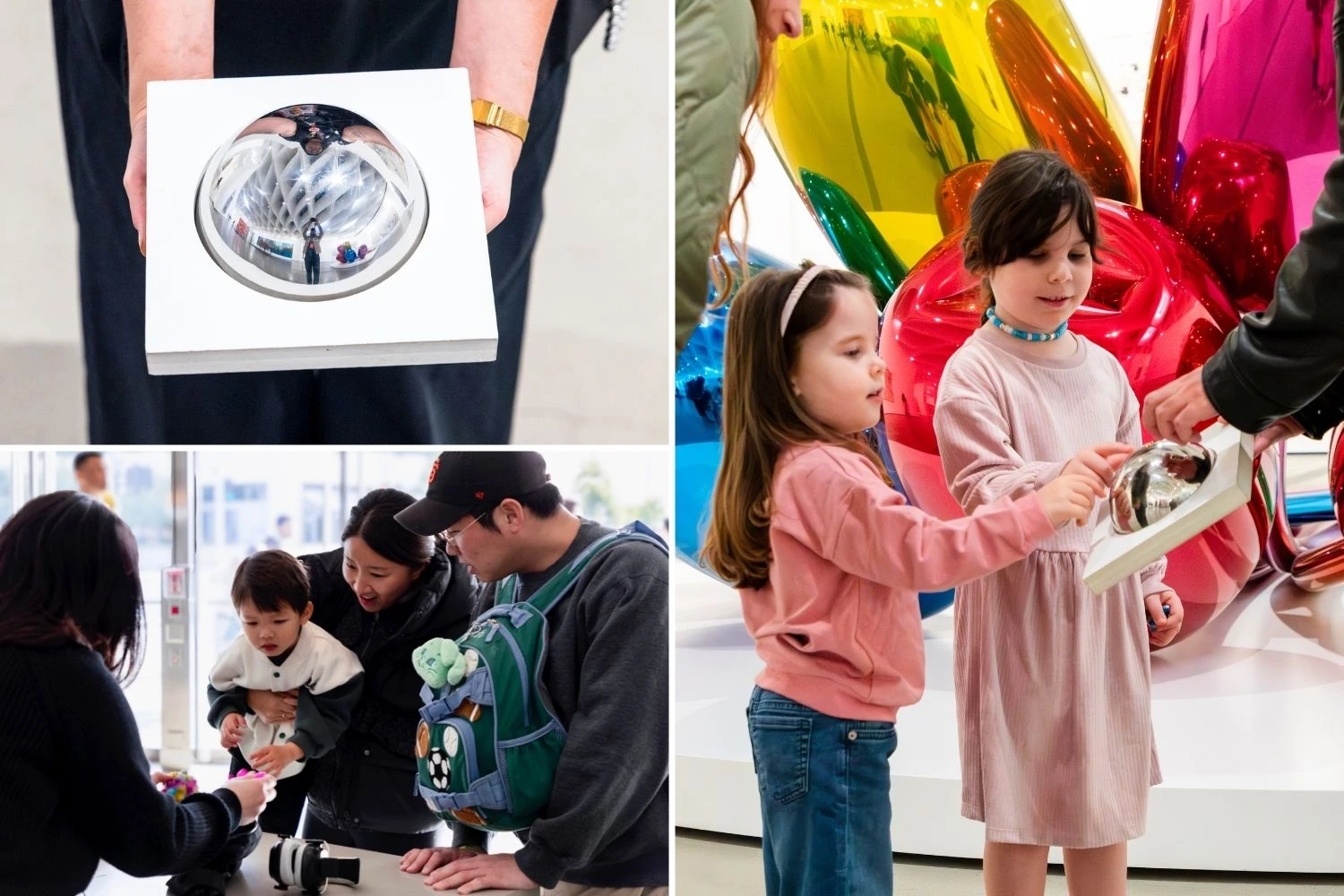 Collage of visitors at Sensory Morning; close up photo of a sensory touch object